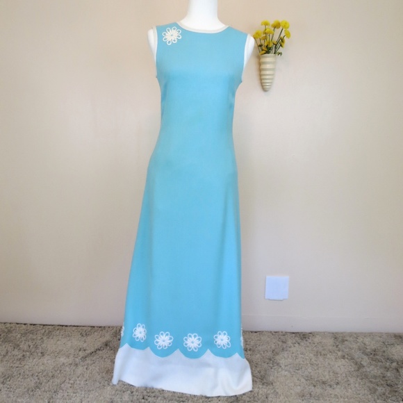 Jean Allen Dresses & Skirts - Vintage 60's Blue Linen Embroidered Long Dress